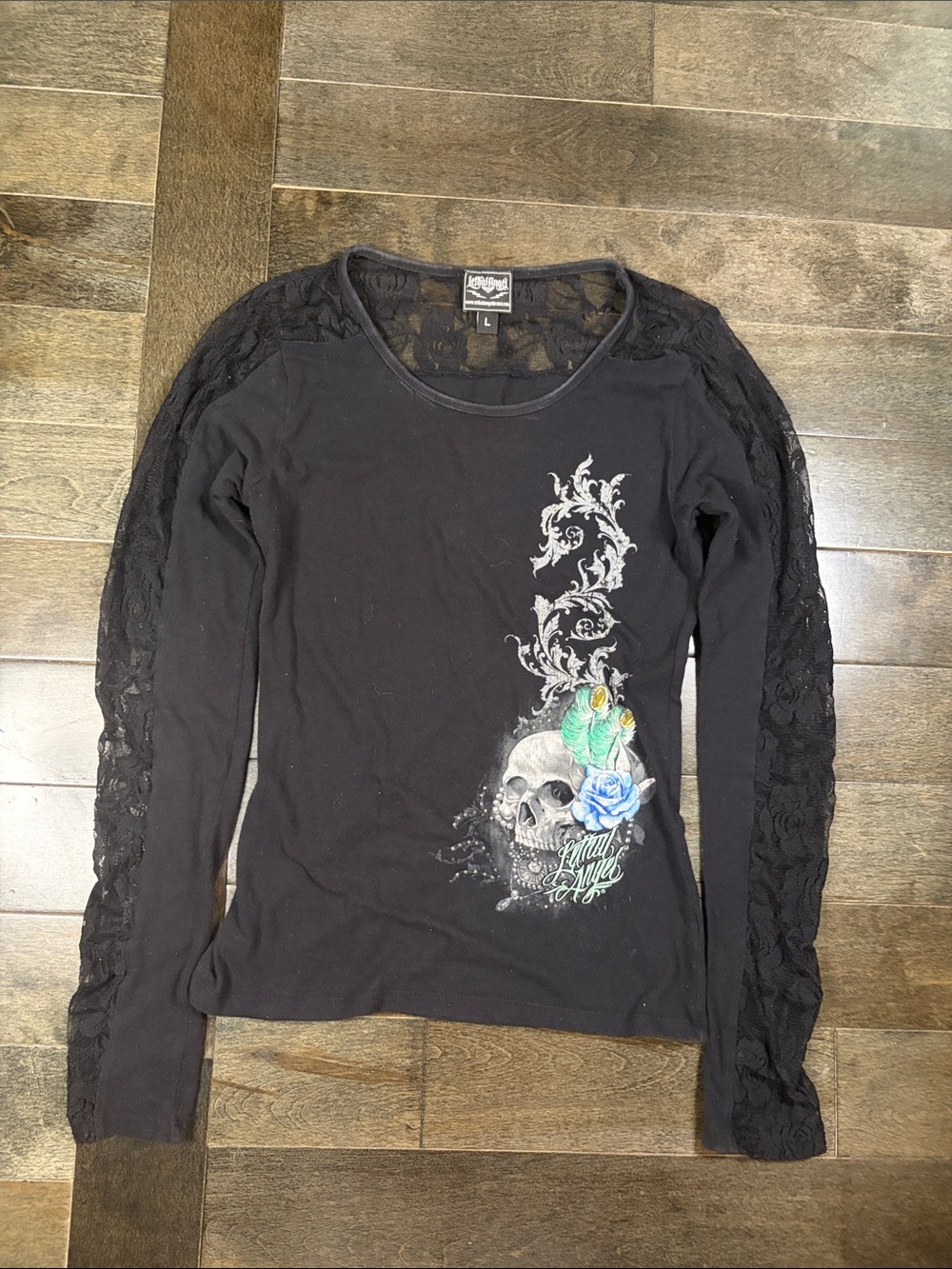 Lethal Angel Skull Lace Sleeve Graphic Top Goth Y2K Grunge Size L